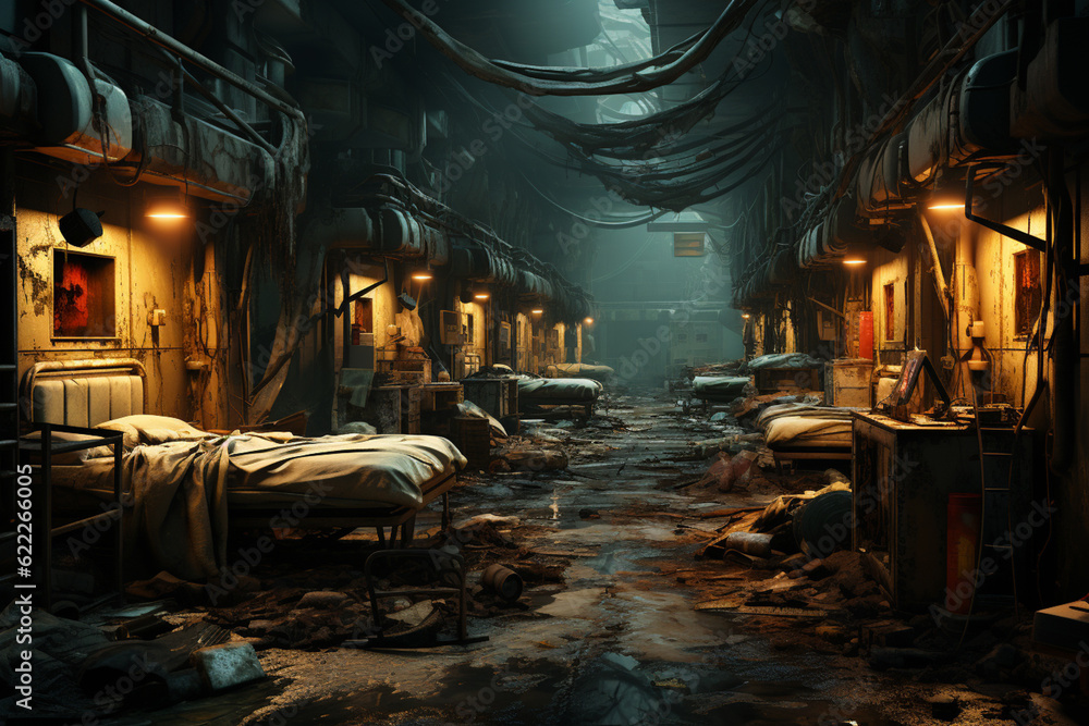 Poster a dilapidated hospital, with shattered windows and flickering lights, portraying the struggle for su