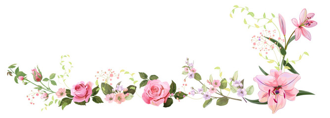 Obraz na płótnie Canvas Panoramic view: bouquet of pink roses, lilies, spring blossom. Horizontal border for Mothers Day or wedding invitation. Gentle realistic illustration in watercolor style on white background. Vector