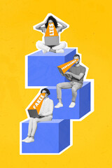 Collage pop sketch image of addicted people zombifying modern devices isolated painting yellow color background