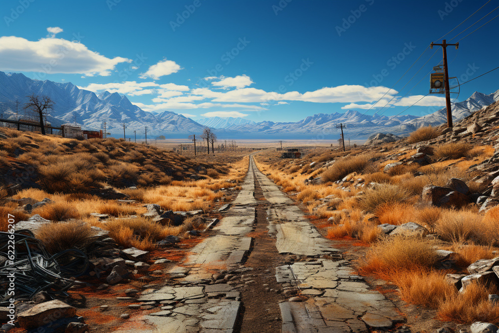 Poster A desolate highway stretching into the distance, littered with abandoned vehicles and remnants of a world left behind.  Generative AI technology.