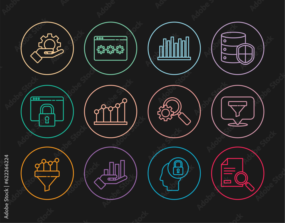 Poster set line document with search, location sales funnel, pie chart infographic, secure your site https,