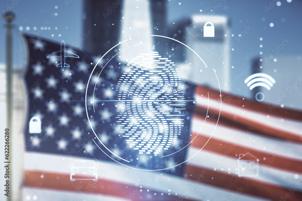 Poster multi exposure of virtual fingerprint scan interface on us flag and city background, digital access 