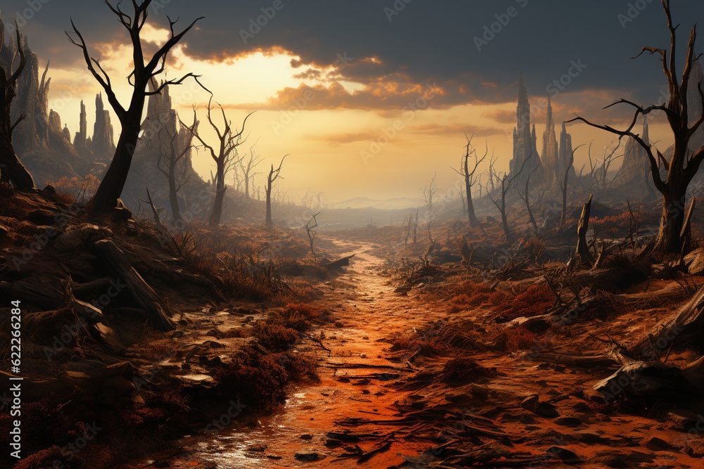 Poster a scorched and barren landscape, with ash-covered ground and charred remains of trees, indicating a 