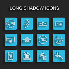 Set line Mobile phone and shopping cart, Clock 24 hours, Delivery man with cardboard boxes, Magnifying glass dollar, Hanging sign Open, Shopping basket and Ten discount percent tag icon. Vector