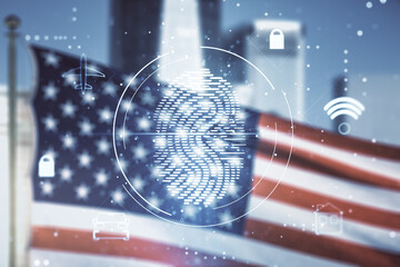 Multi exposure of virtual fingerprint scan interface on US flag and city background, digital access concept