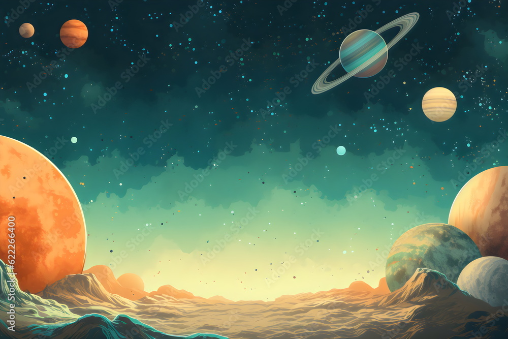 Wall mural sci-fi space planet surface landscape with copy space, vintage illustration made with generative ai