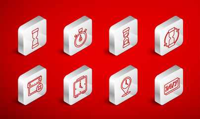 Set line Clock 24 hours, Stopwatch, Old hourglass, Location with clock, Alarm and Calendar date delete icon. Vector