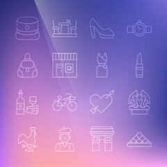 Set line Louvre museum, Gargoyle on pedestal, Lipstick, Woman shoe, Coffee shop, Handbag, Kepi and dress icon. Vector