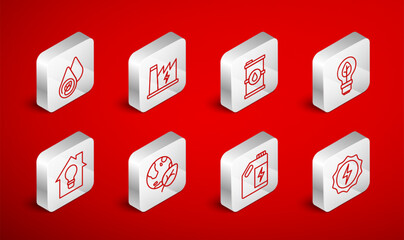 Set line Lightning bolt, Nuclear power plant, Bio fuel barrel, bulb with leaf, Eco canister, Water energy, Earth globe and and Smart house light icon. Vector