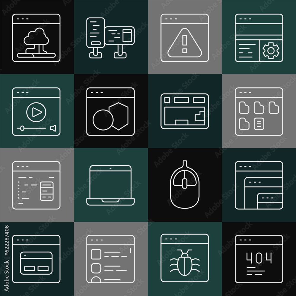 Poster set line page with a 404 error, software, browser files, exclamation mark, online play video, cloud 