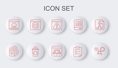 Set line Debugging, Processor, Browser with exclamation mark, Clipboard checklist, Cloud technology data transfer, Server, Data, Web Hosting, Coffee cup to go and shield icon. Vector