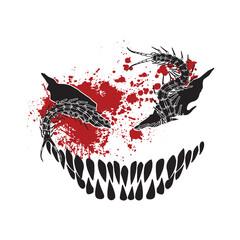 Monster with an angry smile and a scolopendra crawling through its eye sockets vector illustration