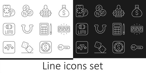 Set line Old key, Slot machine with jackpot, Winner holding prize ticket, Horseshoe, Lottery, Online poker table game, Bingo card and Casino chip dollar icon. Vector