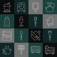 Set line Microwave oven, Fork, Oven glove, Cutting board, Wine glass, Grater, Manual coffee grinder and Barbecue fork icon. Vector