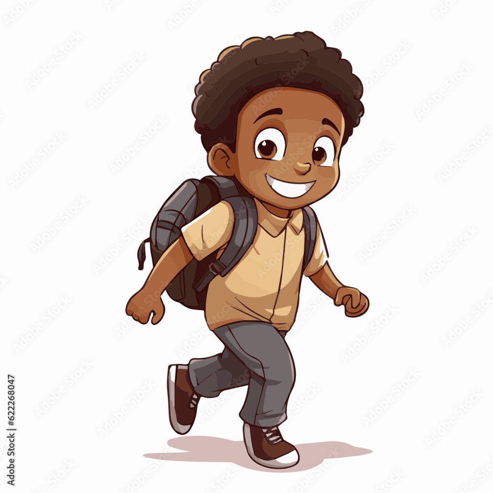 Wall mural simple cartoon clipart black african american boy student child going to school white background