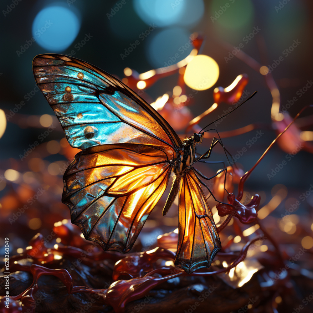Poster An abstract representation of a butterfly emerging from its chrysalis, symbolizing transformation and the delicate balance of life. Generative AI technology.