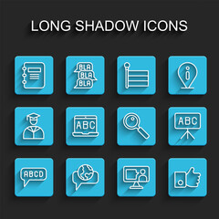 Set line Alphabet, Learning foreign languages, Notebook, Foreign online study, Hand like, Chalkboard and Magnifying glass icon. Vector