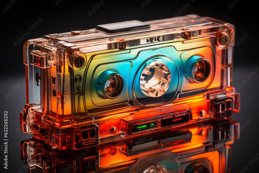 Poster beautiful audio cassette tape in neon light.minimalism retro style concept. 80s. generative ai techn