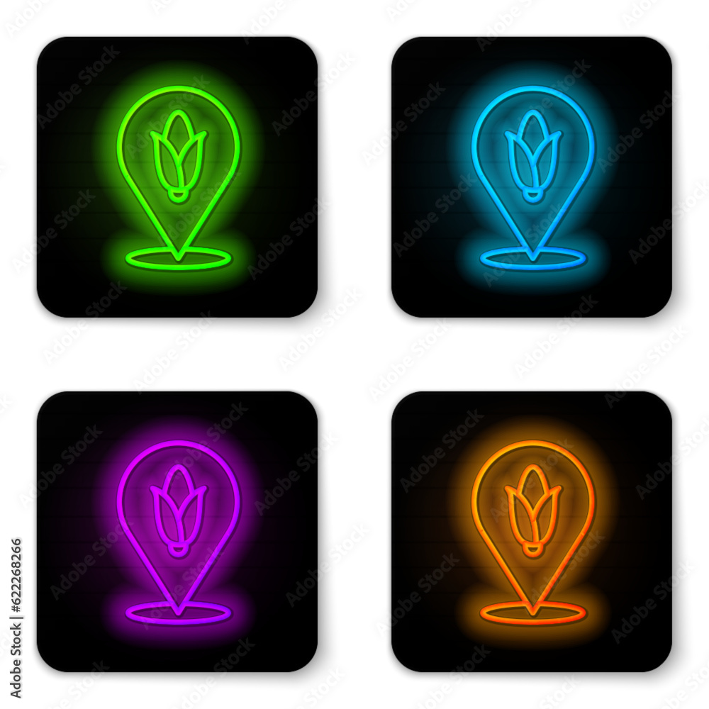 Poster glowing neon line location corn icon isolated on white background. black square button. vector