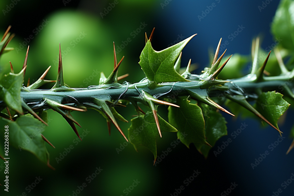 Aufkleber close up thorn on a green background. macro view. generative ai technology.