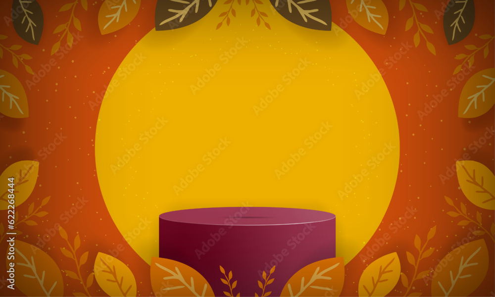 Poster 3d rendered podium in studio room for product display with decoration of leaves. autumn banner backg