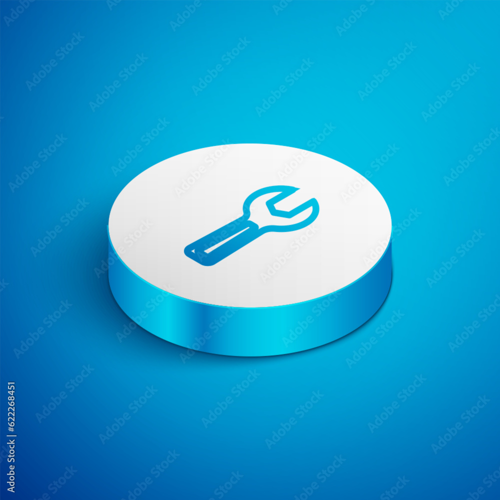 Poster isometric line wrench spanner icon isolated on blue background. white circle button. vector