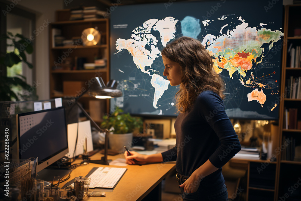Poster a collaborative scene of colleagues working on a project, with a world map in the background, collea