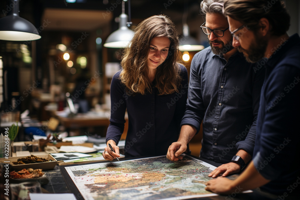 Poster a collaborative scene of colleagues working on a project, with a world map in the background, collea