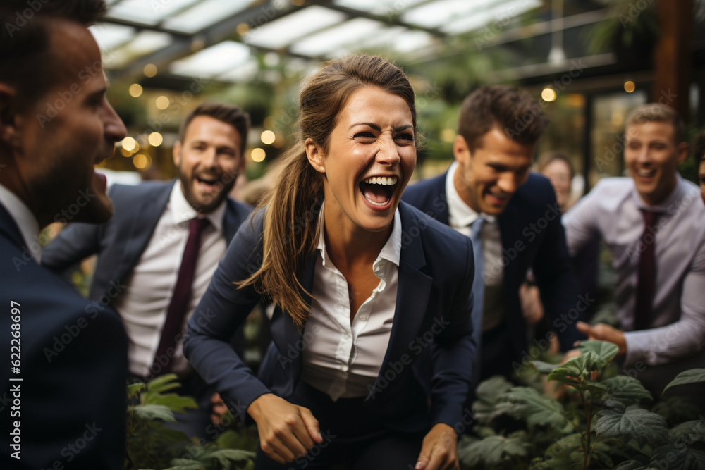 Poster a dynamic shot capturing colleagues engaged in a team-building exercise, colleagues, portrait, busin