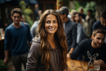 Fototapeta premium A candid moment captured during a team retreat, with colleagues engaged in team-building activities, colleagues, portrait, business Generative AI