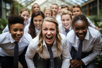 Obraz premium A dynamic shot capturing colleagues engaged in a team-building exercise, colleagues, portrait, business Generative AI