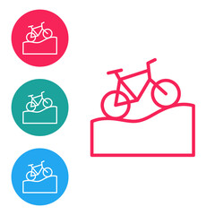 Red line Mountain bicycle icon isolated on white background. Bike race. Extreme sport. Sport equipment. Set icons in circle buttons. Vector