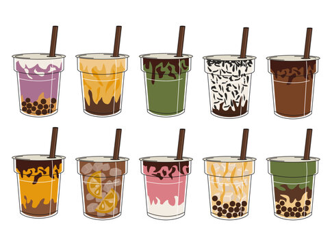 Set of illustrations of drinks (coffee, milkshake, iced tea, and others) to go. Takeaway. Vector graphic.