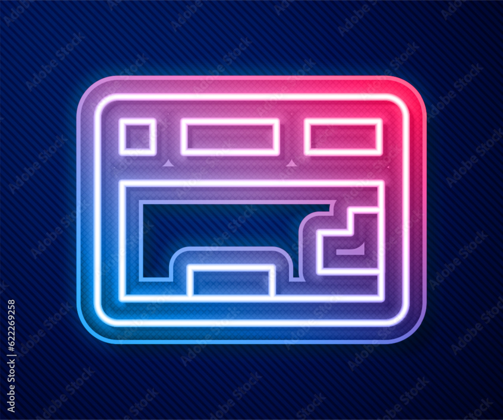 Poster glowing neon line computer keyboard icon isolated on blue background. pc component sign. vector