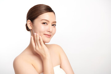 Beautiful young asian woman with clean fresh skin on white background, Face care, Facial treatment,...