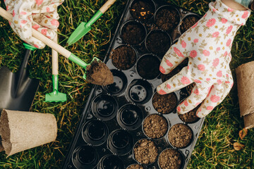 A woman prepares the ground for planting seeds in cells in the spring. Close-up hands are running with the earth.