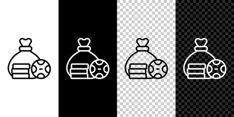 Set line Money bag icon isolated on black and white, transparent background. Dollar or USD symbol. Cash Banking currency sign. Vector