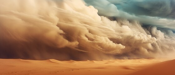 landscape of light brown desert dunes and awe-inspiring turbulent sandstorm clouds forming at the horizon, vast panoramic open world expanse cloudscape - Generative AI