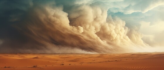 landscape of light brown desert dunes and awe-inspiring turbulent sandstorm clouds forming at the horizon, vast panoramic open world expanse cloudscape - Generative AI - obrazy, fototapety, plakaty