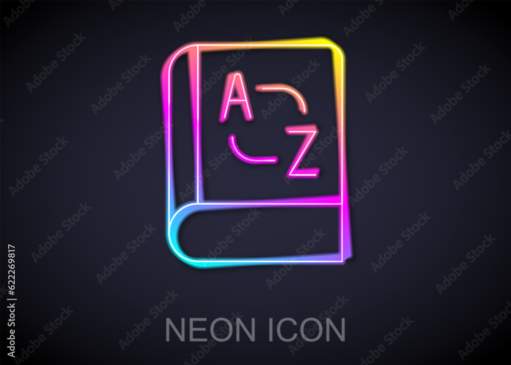 Poster glowing neon line translator book icon isolated on black background. foreign language conversation i