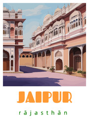 Jaipur: Retro tourism poster with an Indian landscape and the headline Jaipur / Rājasthān