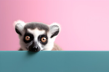 Creative animal concept. Lemur peeking over pastel bright background. advertisement, banner, card. copy text space. birthday party invite invitation