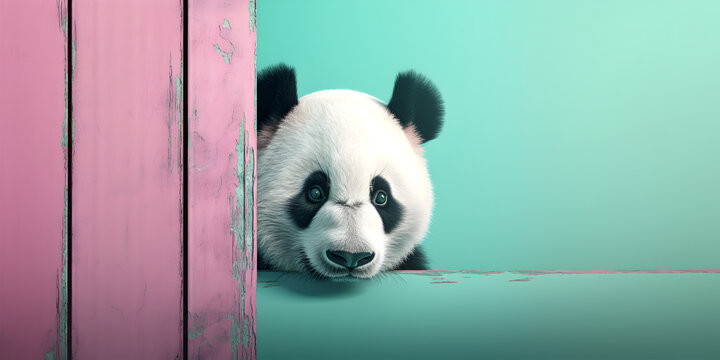 Creative animal concept. Panda Bear peeking over pastel bright background. advertisement, banner, card. copy text space. birthday party invite invitation