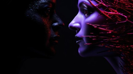 human and alien meet face to face, violet, red, black background