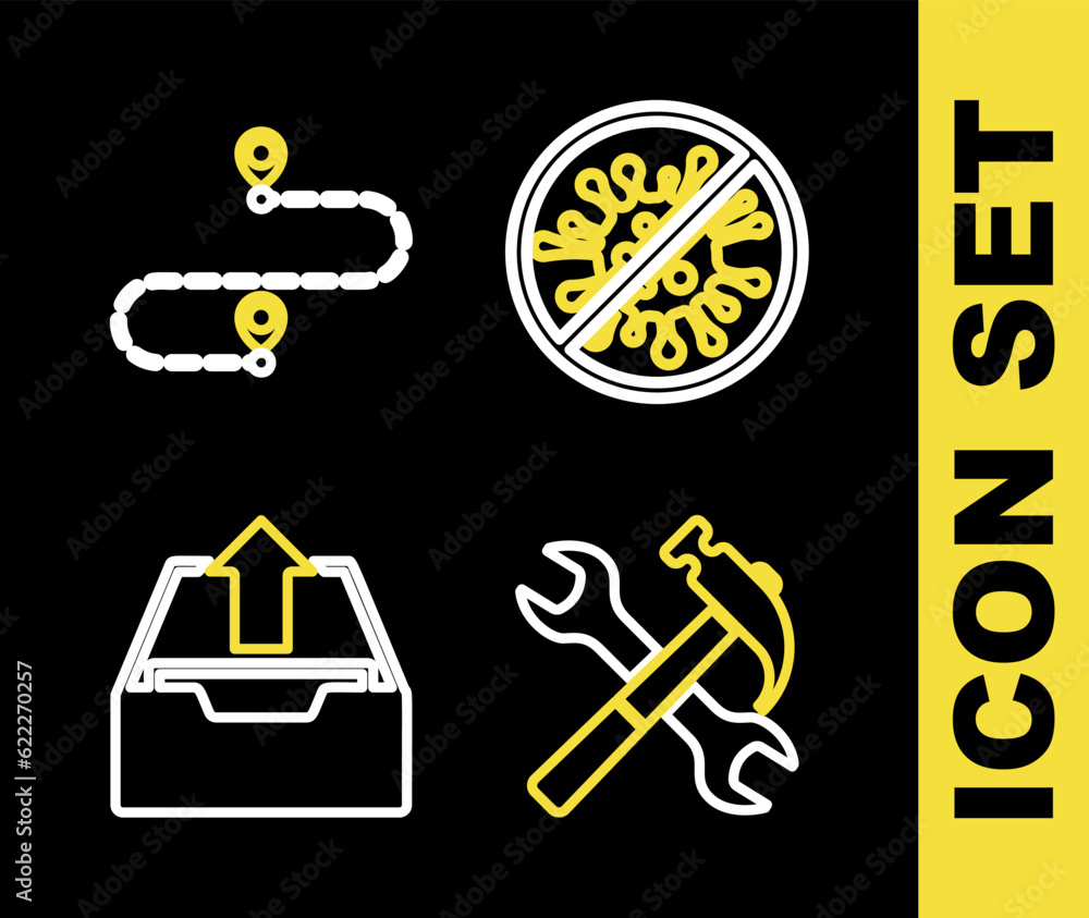 Poster set line stop virus, bacteria, crossed hammer and wrench, upload inbox and route location icon. vect