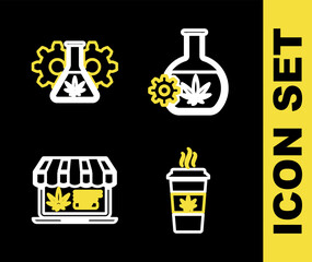 Set line Test tube with marijuana, Cup coffee, Online buying and icon. Vector