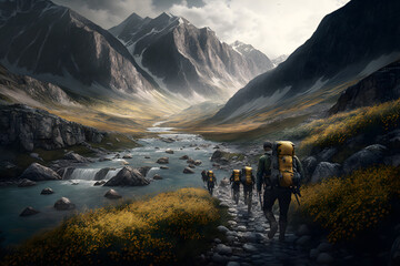 Group Of Hikers Trekking Through A Mountain Range - obrazy, fototapety, plakaty