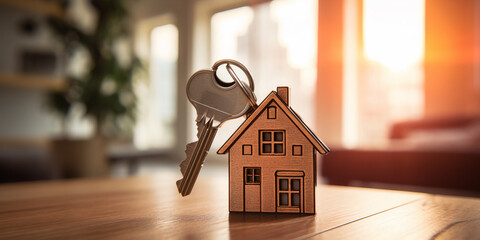 Key with keychain in a house shape in the door keyhole. Buy new home concept. Ai. - obrazy, fototapety, plakaty