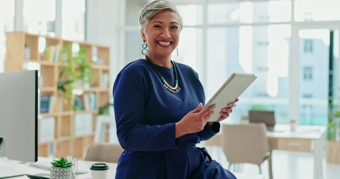Face, ceo and senior woman with tablet, business and happy in creative startup, company or office. Portrait, tech and manager, executive or director, elderly entrepreneur or professional from India.