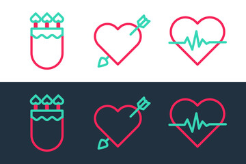 Set line Heart rate, Quiver and arrows with heart and Amour icon. Vector